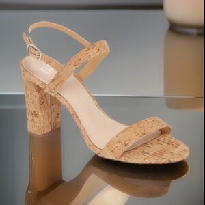 BP Natural Cork Tan Block Heeled Open Toe Slingback Sandals W/Cushion Footbed